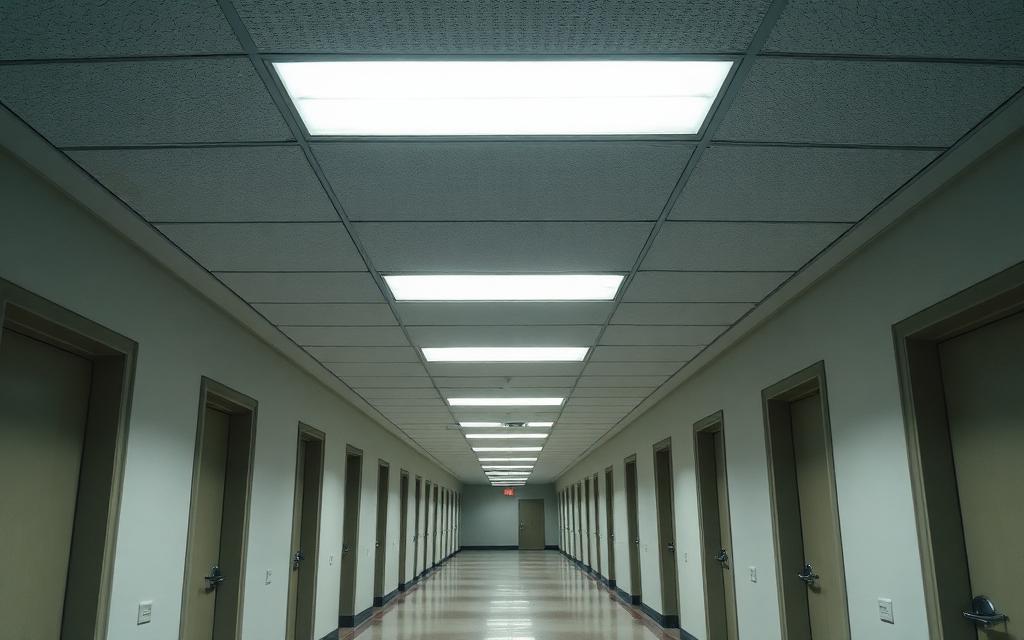 Public institutional building corridor with suspended ceiling tiles showing signs of moisture staining