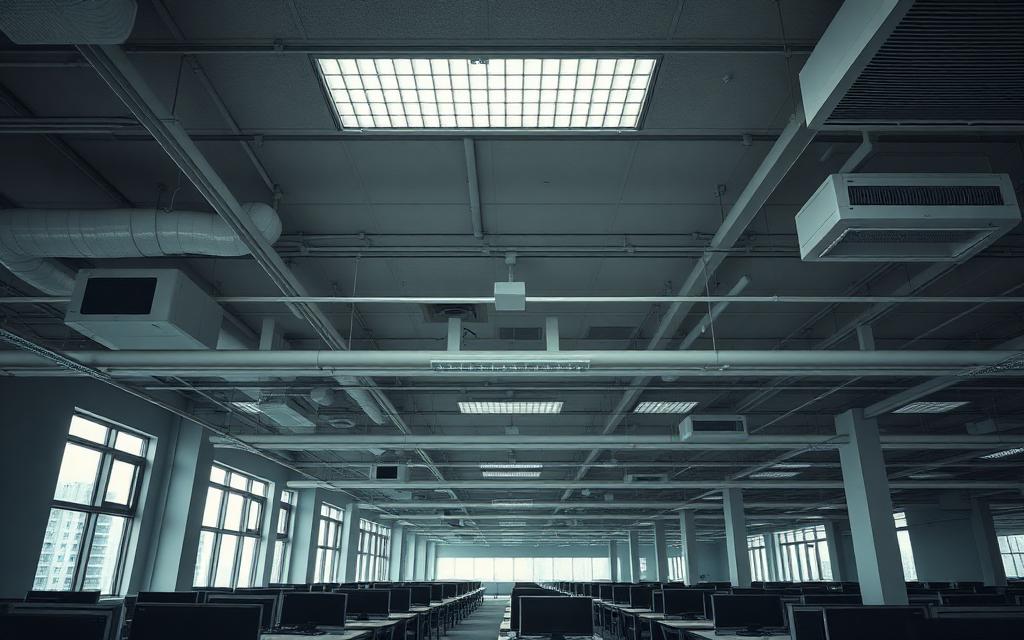 Open-plan commercial office interior with exposed HVAC ducts and ceiling diffusers affecting occupant comfort