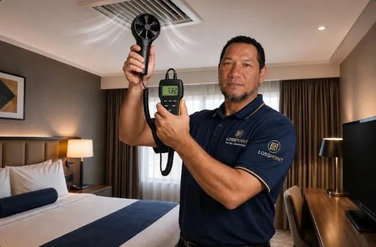 LossPoint investigator measuring airflow in a hotel guest room