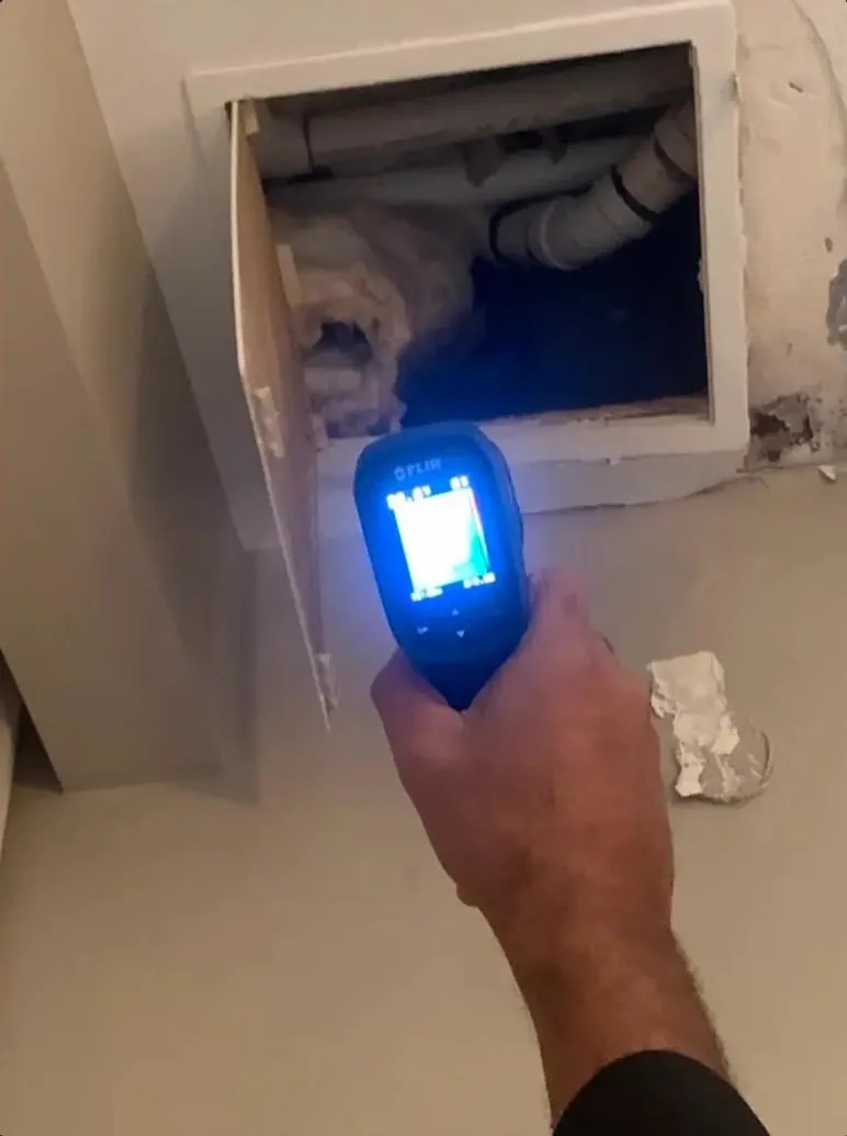 Handheld thermal camera directed at exposed piping above a ceiling