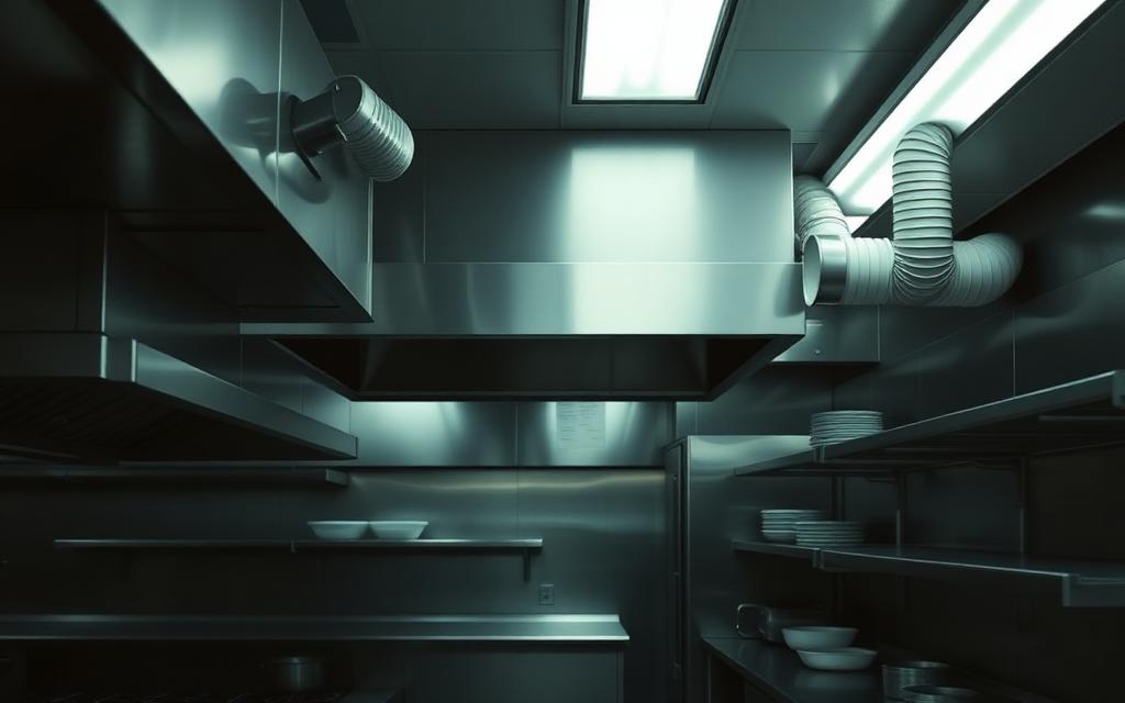 Commercial kitchen with stainless steel extraction hood and ventilation equipment