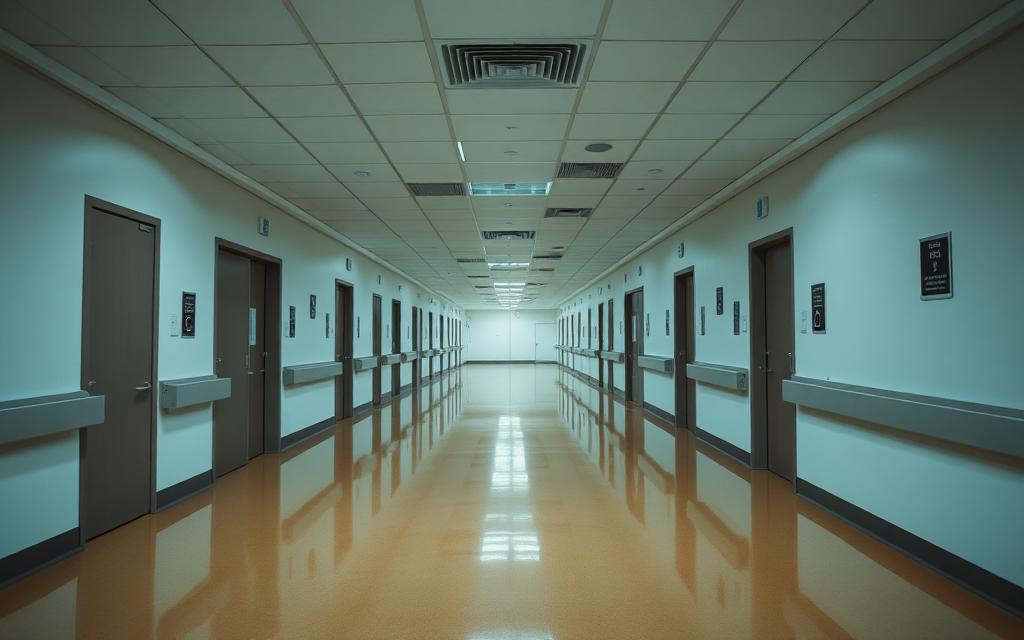 Empty hospital corridor with ceiling air diffusers and patient room doors in an air-quality sensitive environment